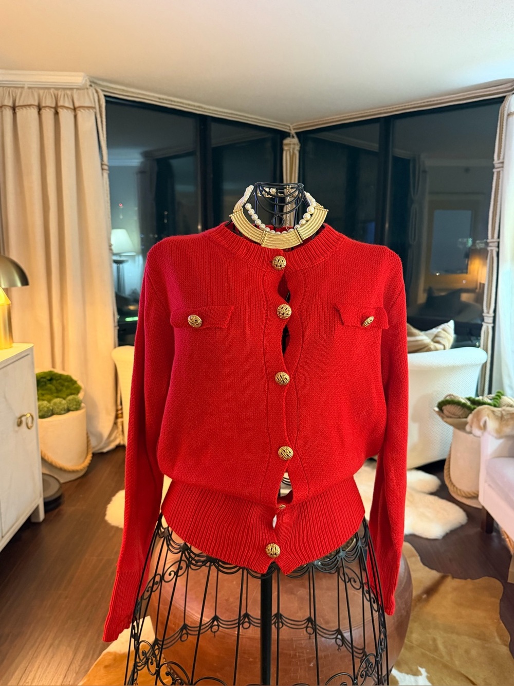 Red Knit Button-Up Cardigan with Gold Buttons